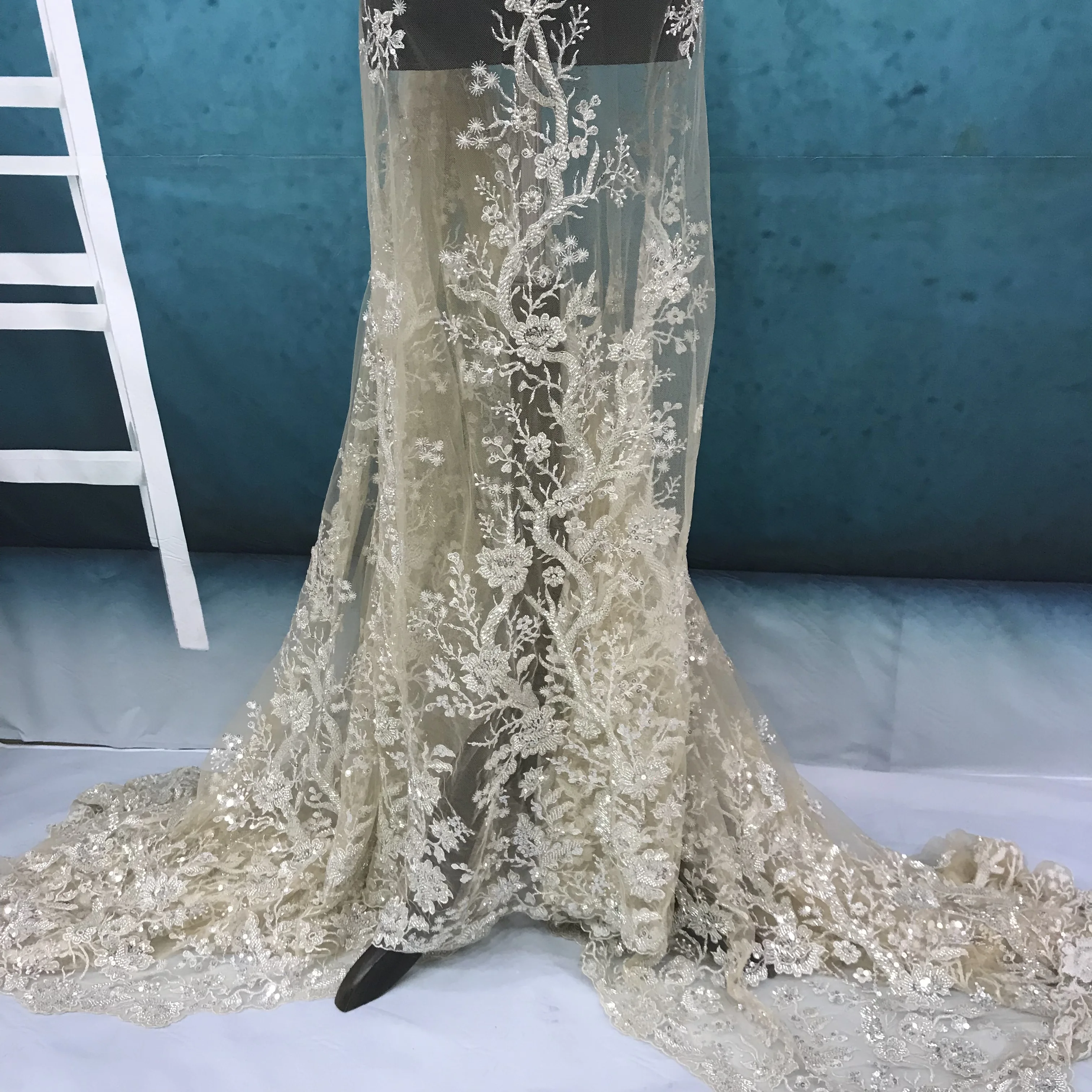 haute couture lace fabric encrusted beads design in stock