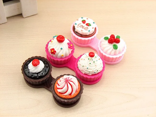 Футляр для двойных контактных линз, милый мультяшный контейнер для очков с рисунком торта, крема, для ухода за глазами, Подарочный держатель