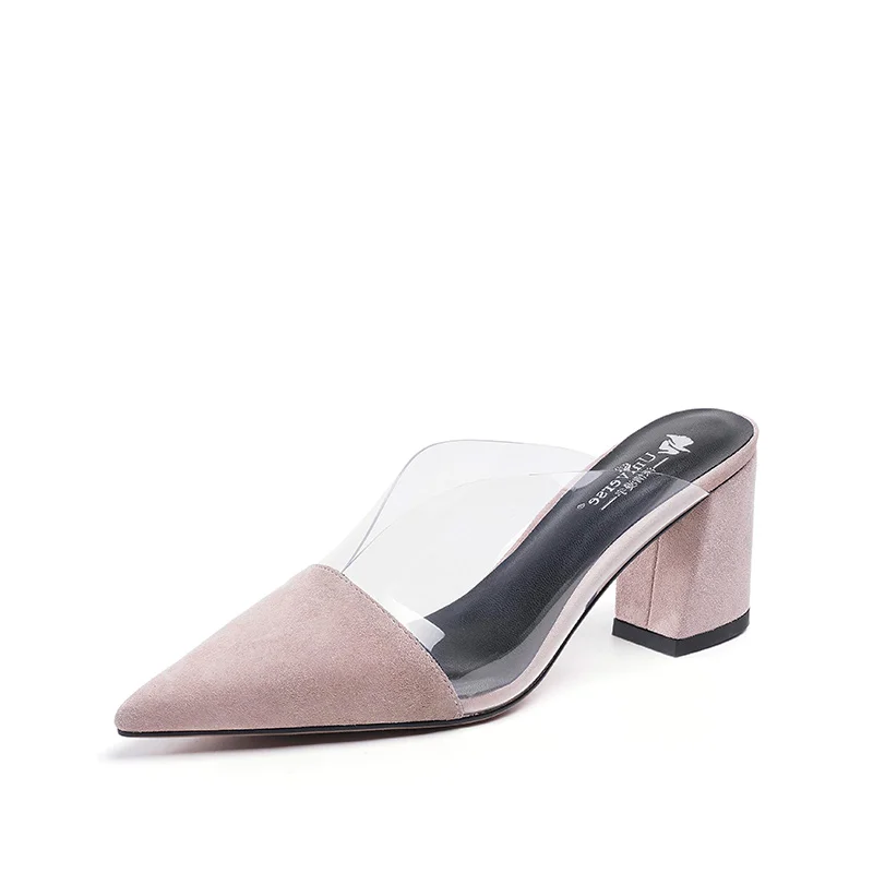 J094 pointed toe mules shoes women heels kid suede ladies slippers