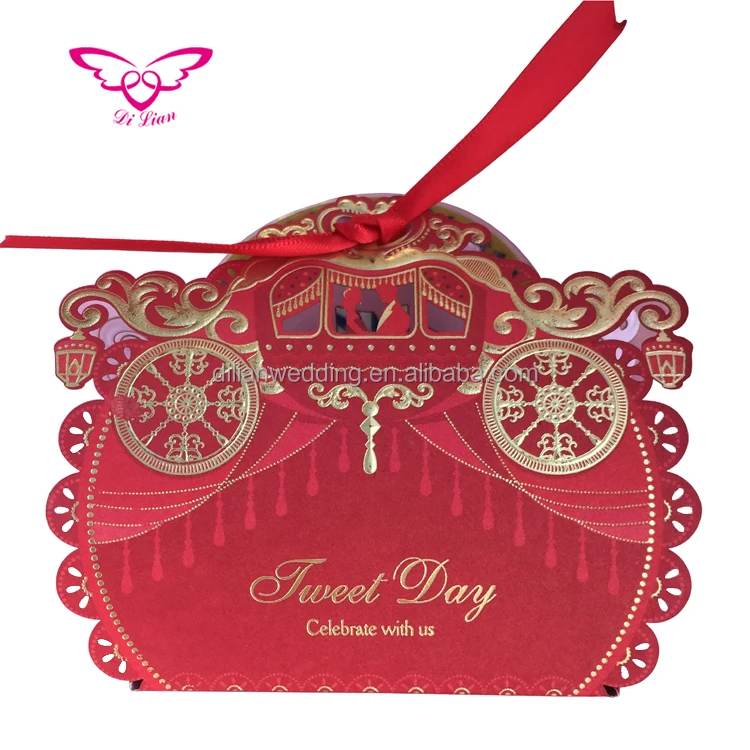 Laser cut pink color royal carriage candy box wedding