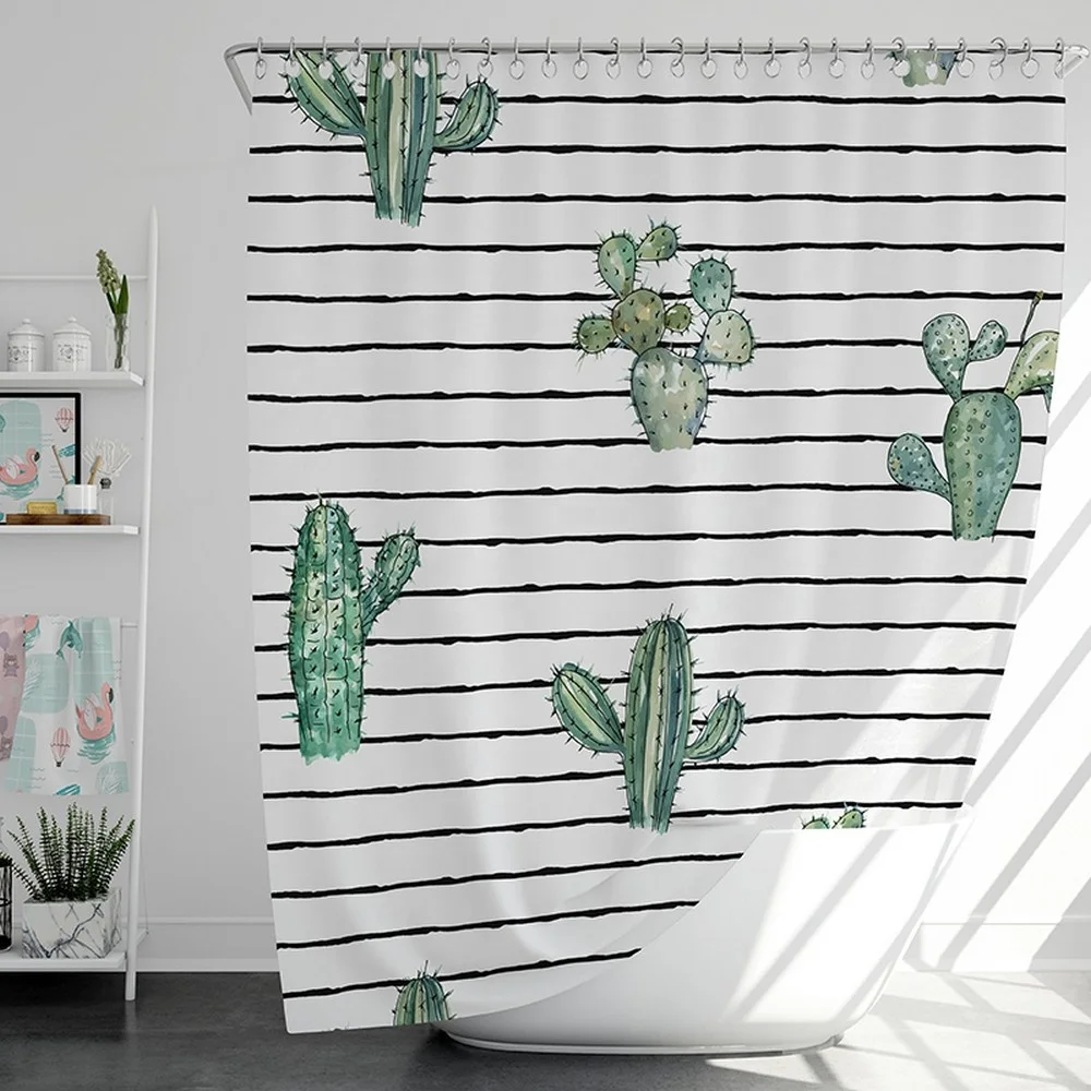 2024 Trending Home Goods Bathroom Bath Product Mouldproof Waterproof 3D Green Cactus Cartoon Design Shower Curtain