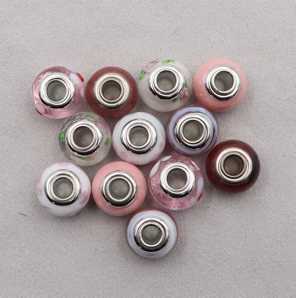 Wholesale Cheap Handmade Murano Lampwork Glass Pink big hole spacer beads  with Silver Plated Metal Core