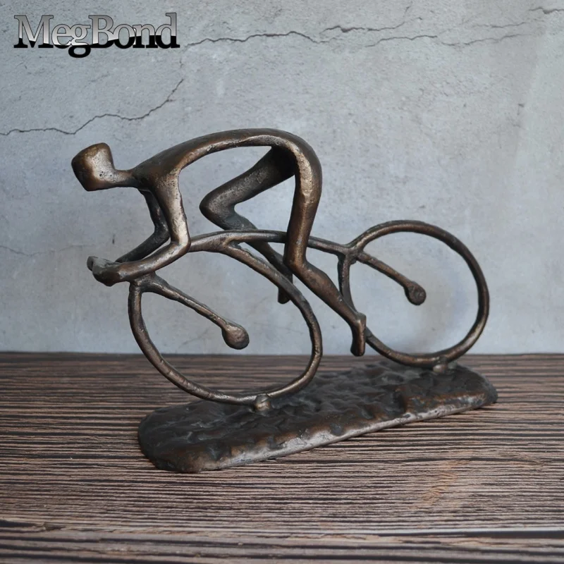 Cast iron designed man bicycle figurine home decoration for decor, metal cyclist table sculpture
