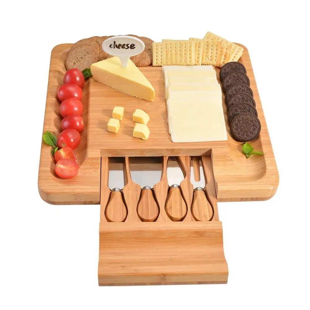 Bamboo Cheese Board and Knife Set, Charcuterie Platter Serving Tray for Wine, Crackers, Brie and Meat