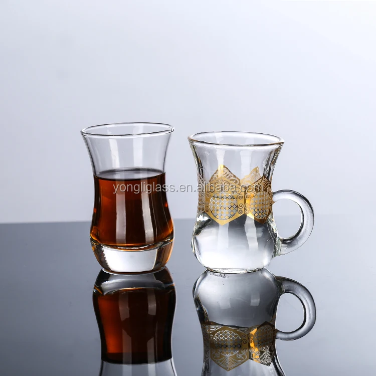
Delicate decal logo turkish tea glass with handle, elegant heat-resistant glass tea cup 