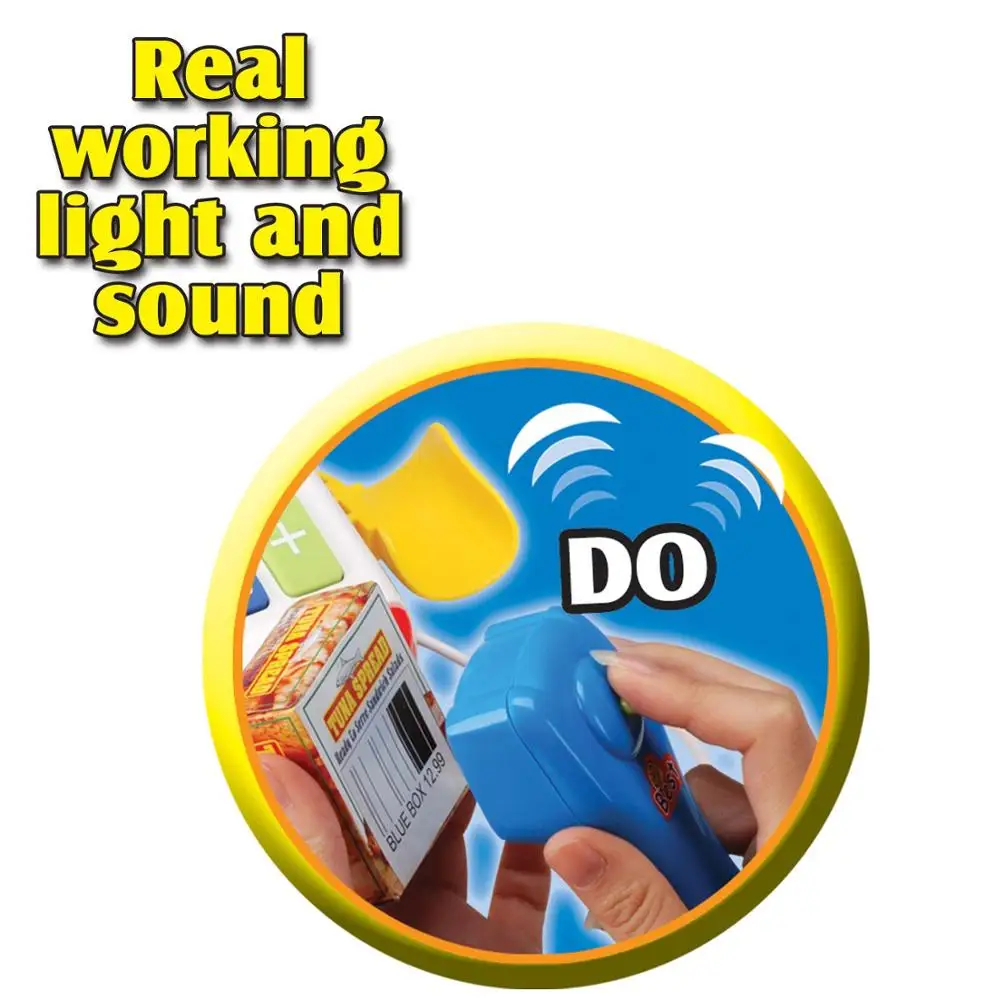 Supermarket Cash Register Play Set with Checkout Scanner, Weight Scale, Microphone, Calculator, Play Money, and Food