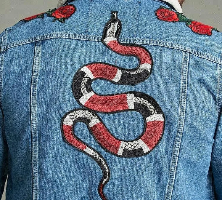 Royal wolf denim garment factory light blue borg collar snake rose embroidered denim men jacket jeans