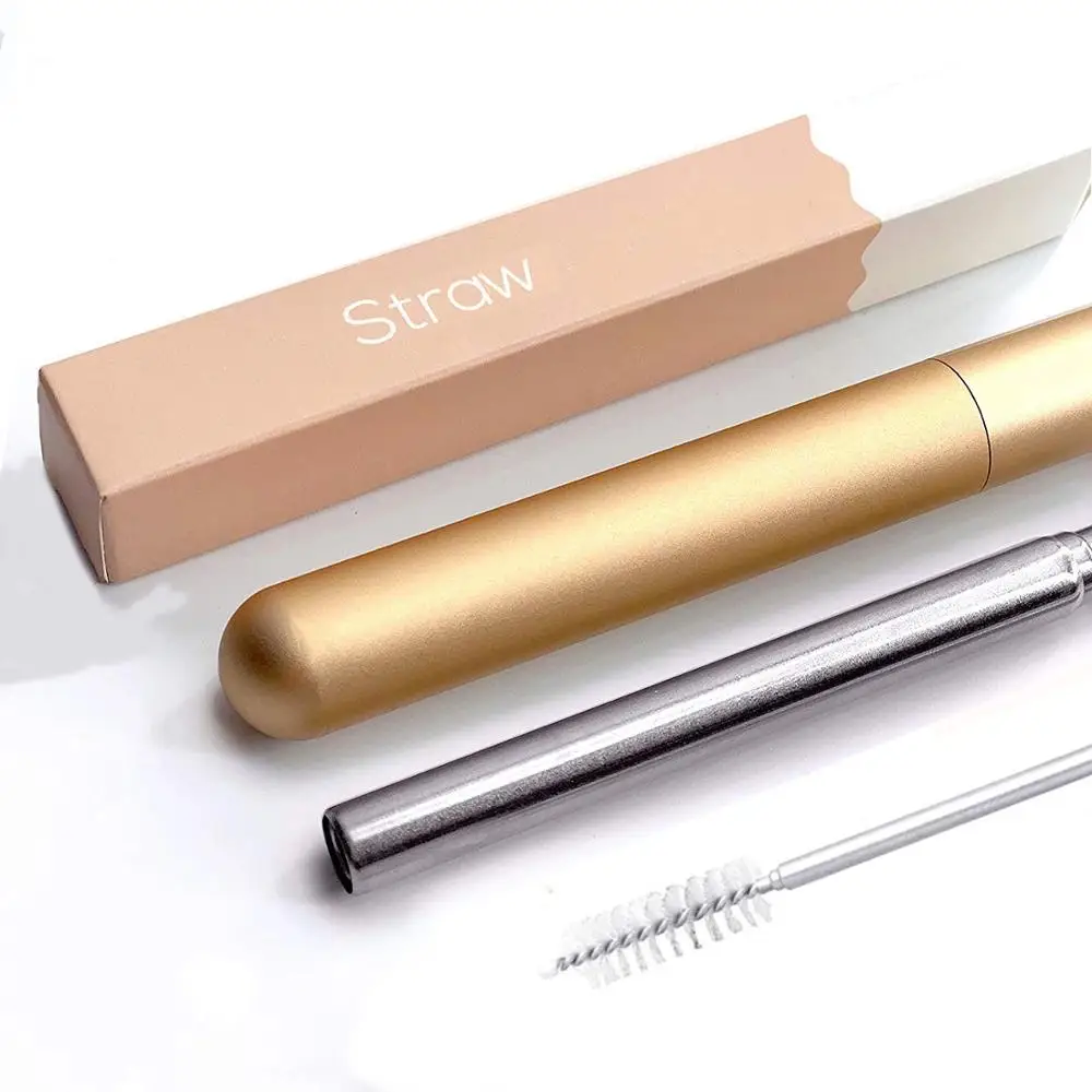 Складные многоразовые соломинки с корпусом, металлические складные соломинки из нержавеющей стали + 1 щетка для очистки (розовое золото)