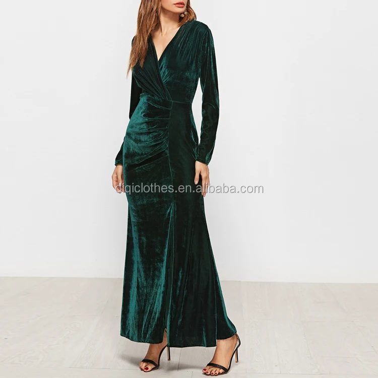 Женское бархатное платье, темно-зеленое платье с V-образным вырезом, оборками и разрезом на подоле, 2017