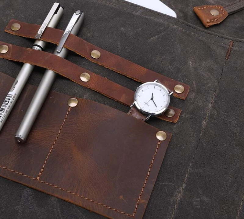 Dreamtop DTB348 waterproof waxed canvas leather apron for men wholesale half gardening apron with pockets