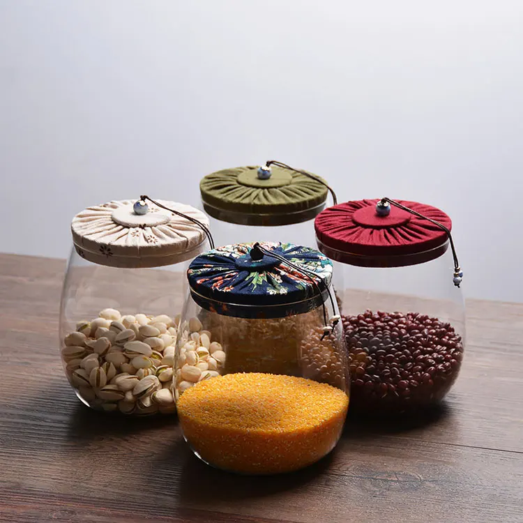 Best selling spice jar high borosilicate glass jar with cloth lid glass elegant coffee manufacture