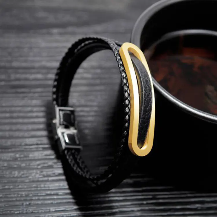 European Style Fashion Jewelry Wholesale Wrapped Multilayer Mens Leather Bracelet with Steel Clasp