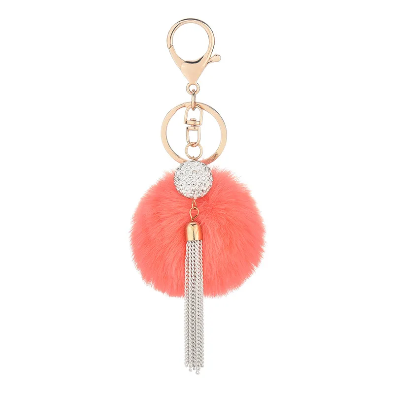 China factory wholesale faux rabbit fur tassel pom pom keychain  Faux Fox Fur Key Chains Girl Bag Hang Car Key Ring