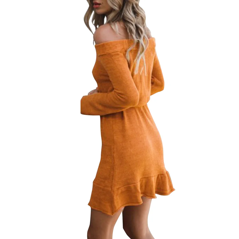 Winter Bodycon Wool One Piece Dress Women/Off The Shoulder Sweater Crochet Dress For Evening Party