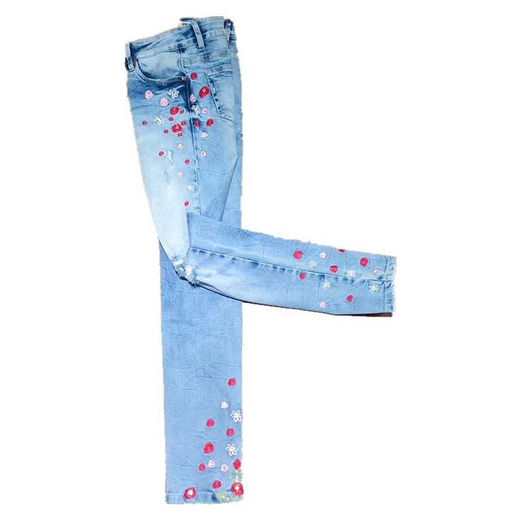 High Quality Comfortable Light Blue Jean Pants Lady Ripped Jeans