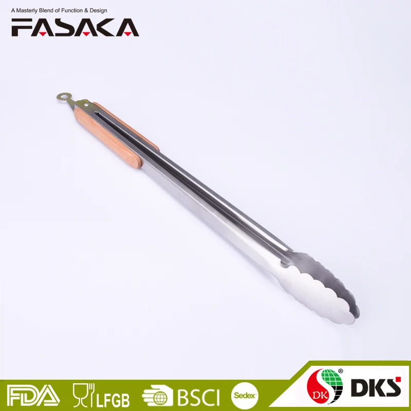 
BMJ0179 Outdoor Camping Bamboo handle stainless steel bbq grill tongs 16 inch 