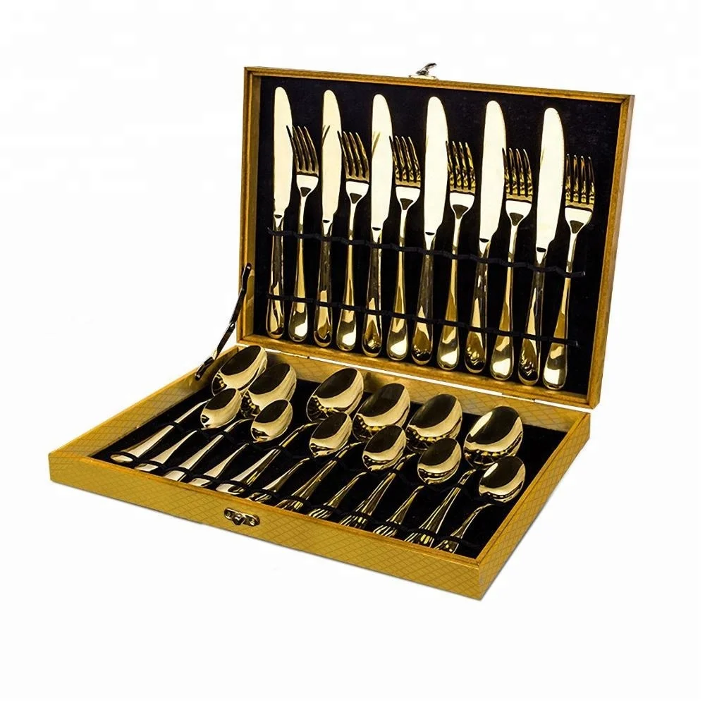 
Hot Selling Stainless Steel 24PCS Gold Cutlery Set Packing with Wood Box 