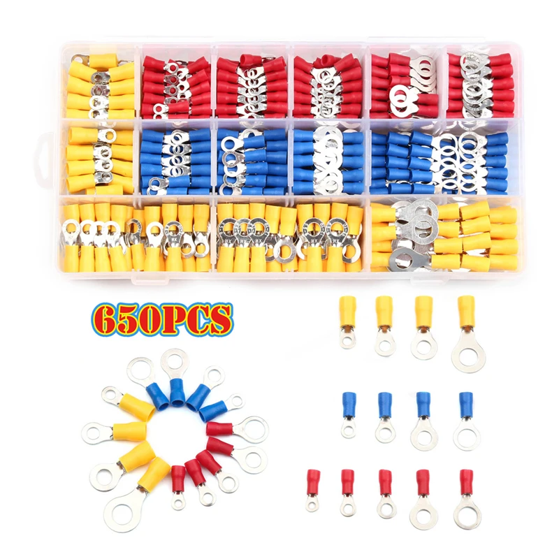 Wholesale 650PCS Assorted Insulation Ring Crimp Terminals Electrical Wiring Connectors Kits Cold Pressed Ring Terminals
