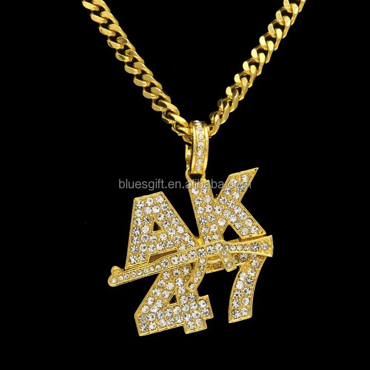 2017 new arrived gold plated Hip hop bling bling AK -47 gun pendant necklaces