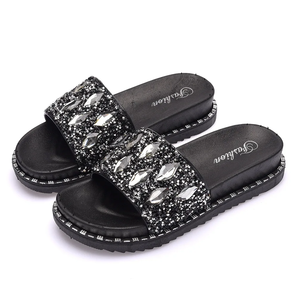 Outdoor slip on cool design women pvc slippers colorful water drops rhinestone slide sandals