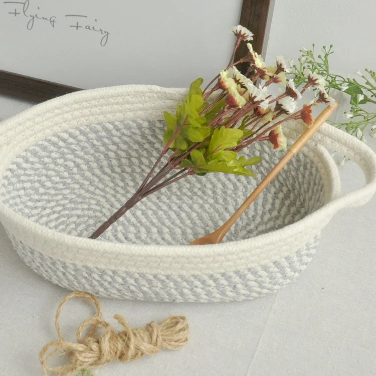 
Wholesale popular round grey cotton woven rope storage basket with reim 
