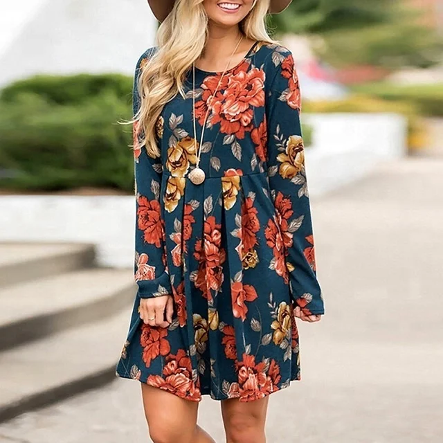 Wholesale autumn hot sale  long sleeve floral printed tunic drape t-shirt dresses for women
