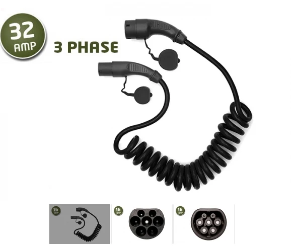 32a iec 62196 ev charger male female connector 3 phase coiled cable