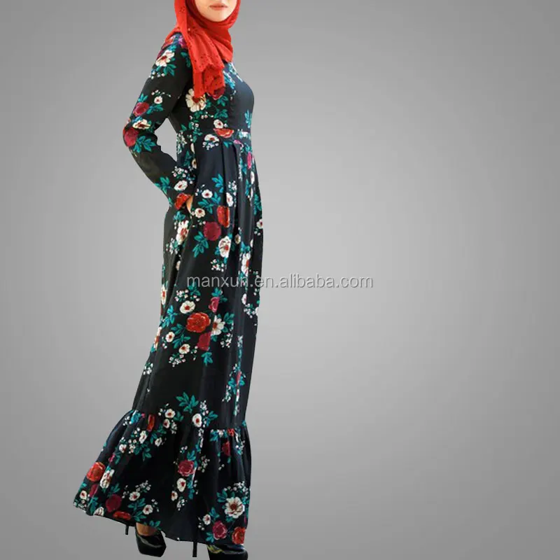 New Fashionable Women Ethnic Gender And Middle East Region Abaya Islamic Jilbab Floral Printing Ruffle Long Sleeve Maxi Dress