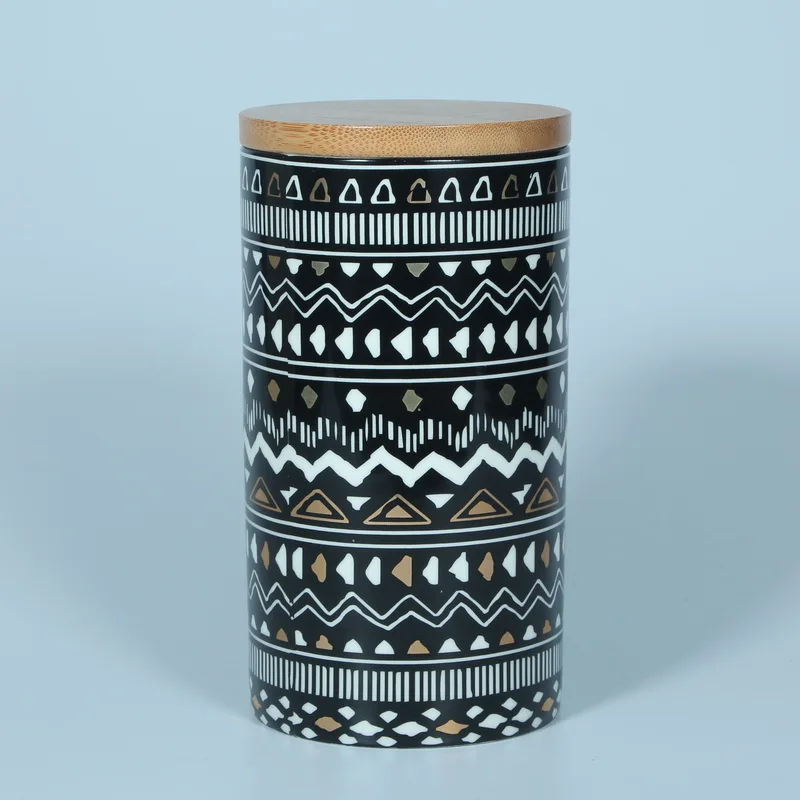 Geometric pattern ceramic candy cookie jar with bamboo lid