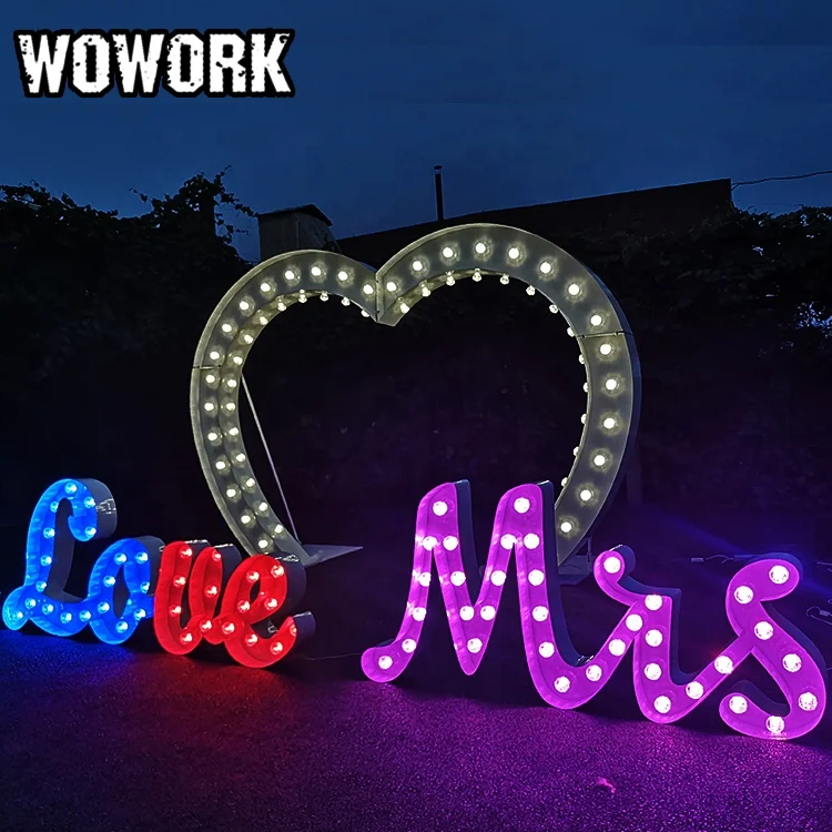WOWORK 2.4m metal heart shape luminous led lighting wedding arch for events backdrop decoration