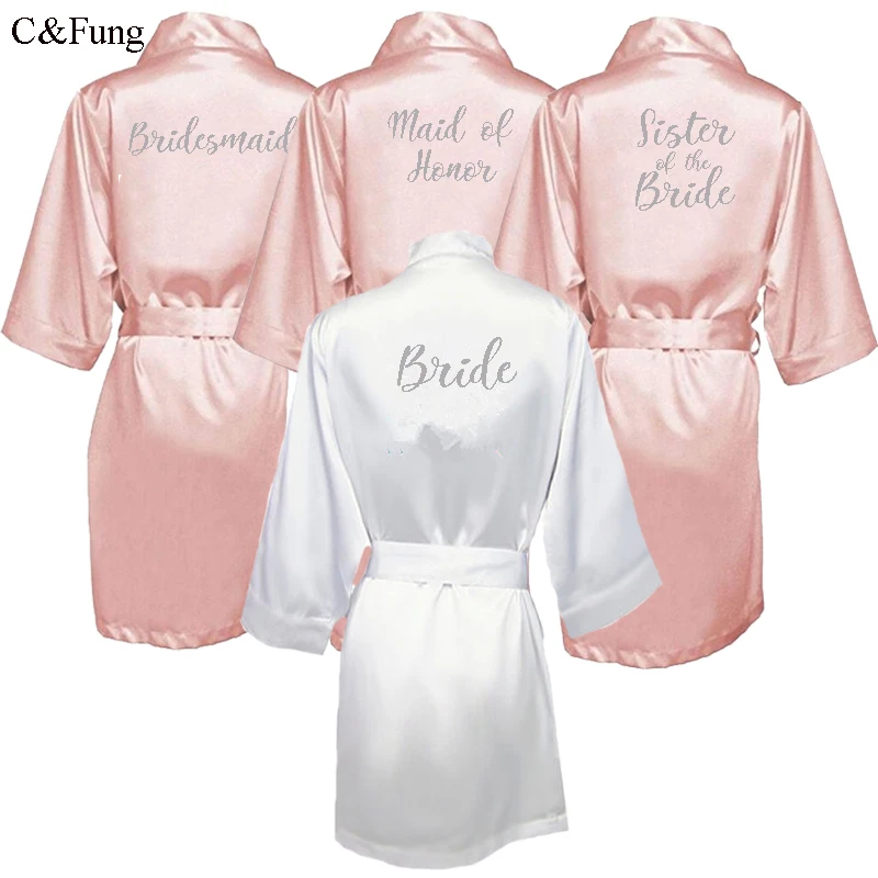 
C&Fung dark pink robe silver letter kimono personalised satin pajamas wedding robe bridesmaid sister mother of the bride robes 