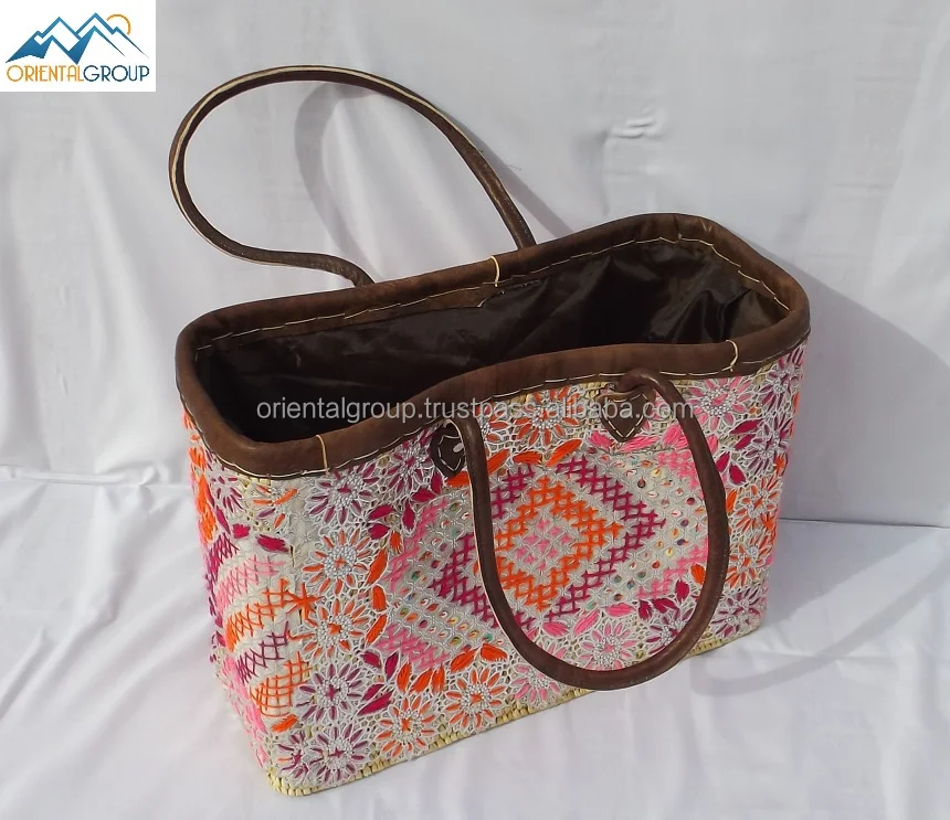 
Moroccan Handmade Pink multicolor Wicker basket 
