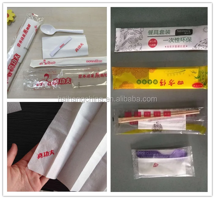Multi-function paper napkin and plastic airplane cutlery plastic wooden spoon automatic packaging machine