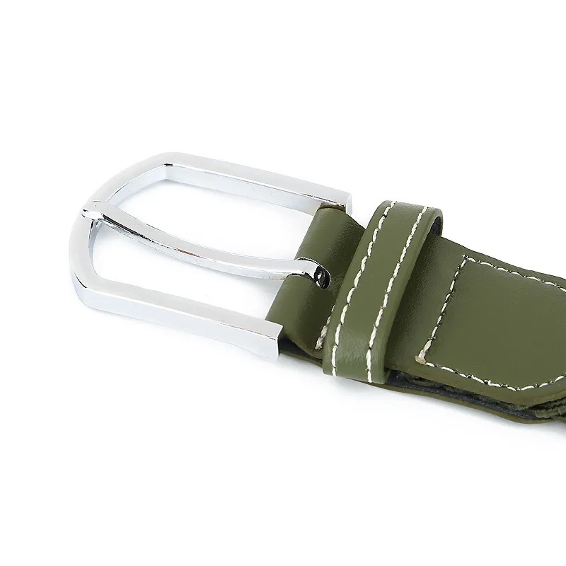 Unisex Canvas alloy buckle  Woven Men Elastic Stretch Waist Belt with  genuine leather end