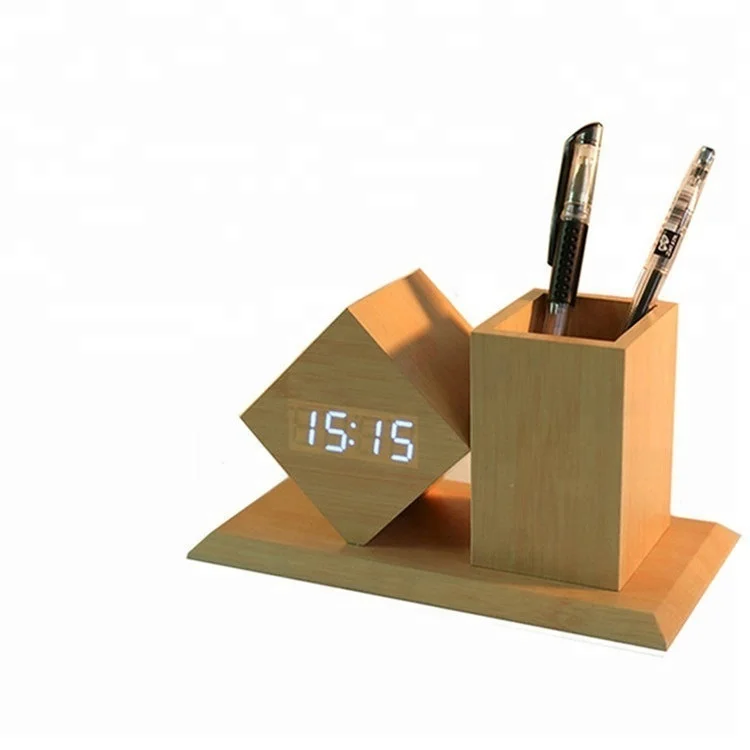 Wholesale Office Alarm and Thermometer Crystal Stand Digital Desk Table Wooden Clock with Pen Holder For Promotional Gift