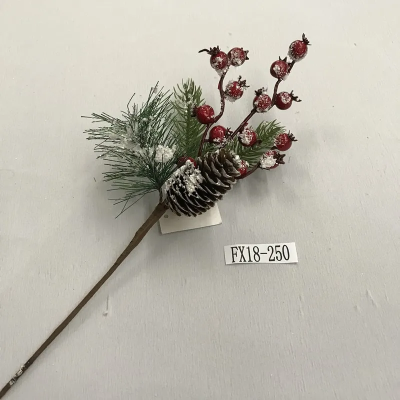 snowy Christmas floral picks with red berry and pine cone