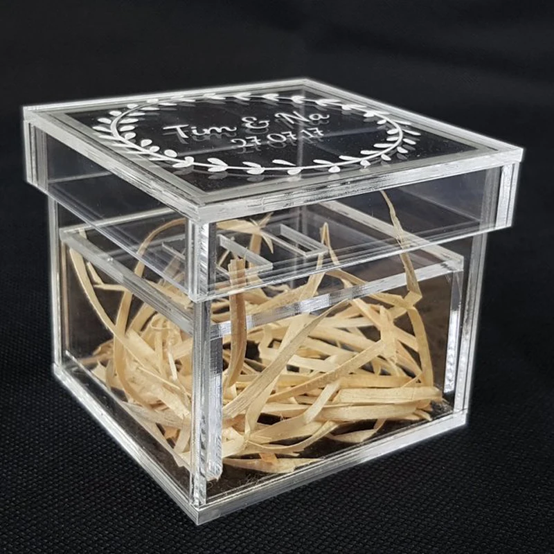 15 Years Factory Custom Rustic Clear Glass Look Acrylic Engagement Ring Bearer Box Holder Wedding Ring Box