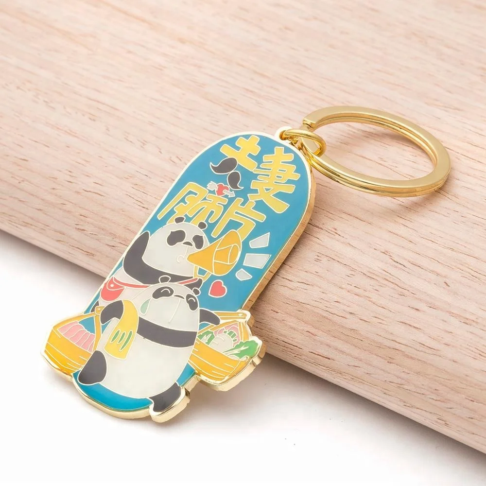 Factory cheap custom soft enamel color 2D design metal key ring panda keychain