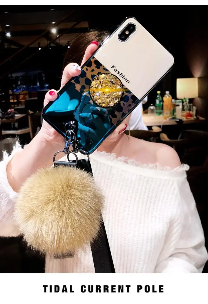 
Luxury Leopard Fur Ball Girls Case Soft Bumper with Stand Holder/Wrist Strap For Iphone Xs Pro Max Case 