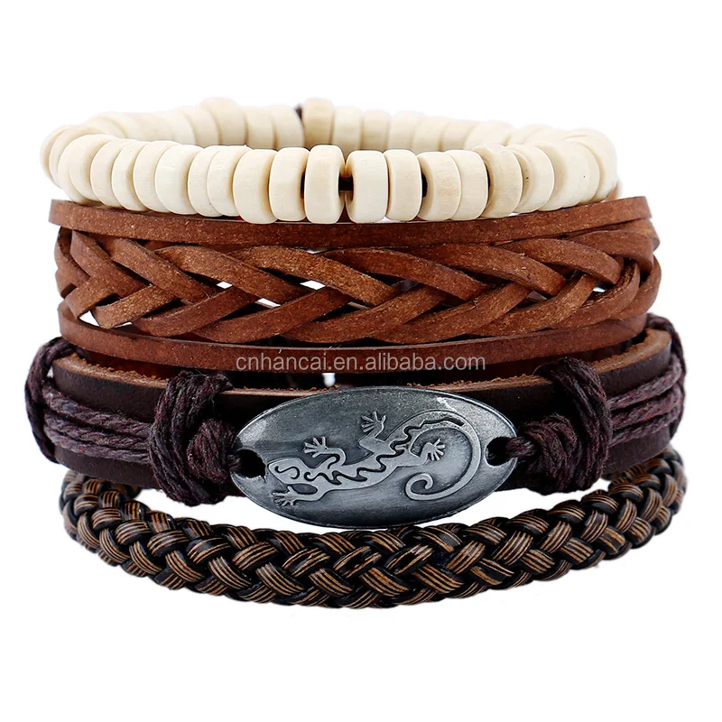 4pcs/set Punk Rope Wrap Brown Black Genuine Leather Lizard Charm Standard Beads Multi Layers Stackable Bracelet Bangle