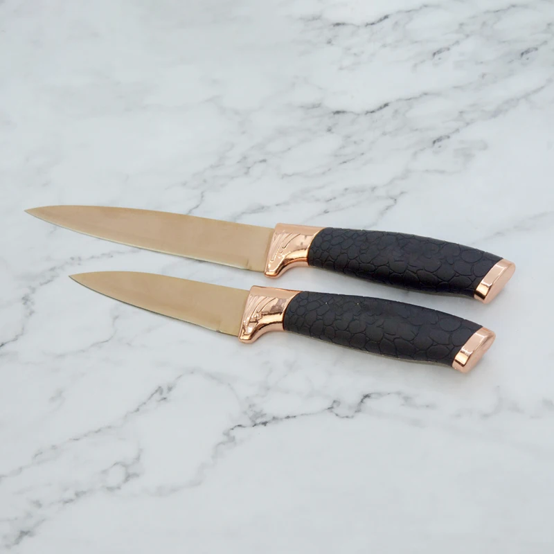 High Quality Stainless Steel Coating Rose Gold 5pcs Kitchen Chef Knife Set With Black TPR Handle