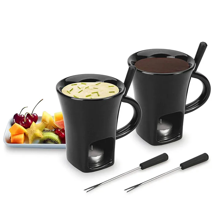 Элегантная черная керамическая кружка для подогрева сыра и шоколада, кружка для фондю с вилками
