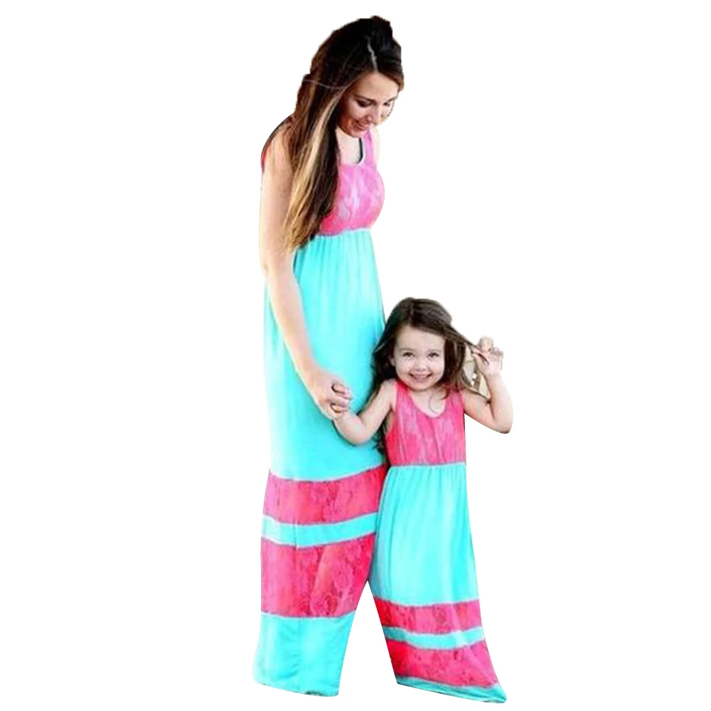 Latest Family Matching Clothes Long Sleeve Green Mommy and Me Mix Dresses