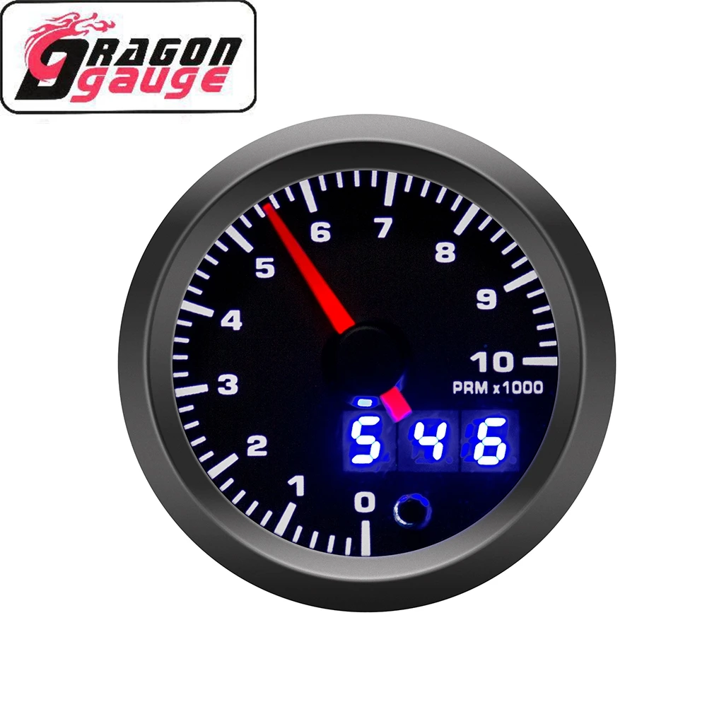 DRAGON GAUGE Seven Color 2 inch 52mm Black Face Auto Car Rpm Meter Gauge With Dual View Digital Pointer Universal 12v (6360)