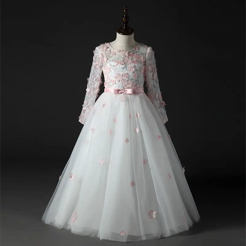 Long-sleeve white dress flower ornament girls dress for 7 years olds