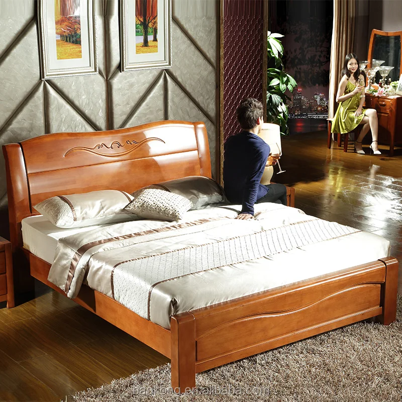 Wholesale Cheap Rubber Wood Carved Double Plank Bed