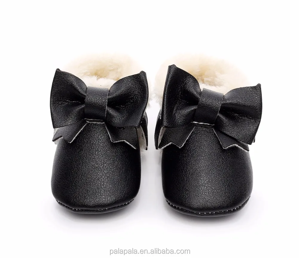 winter Tassel baby moccasin fleece bow shoes PU leather soft sole baby fringe boots