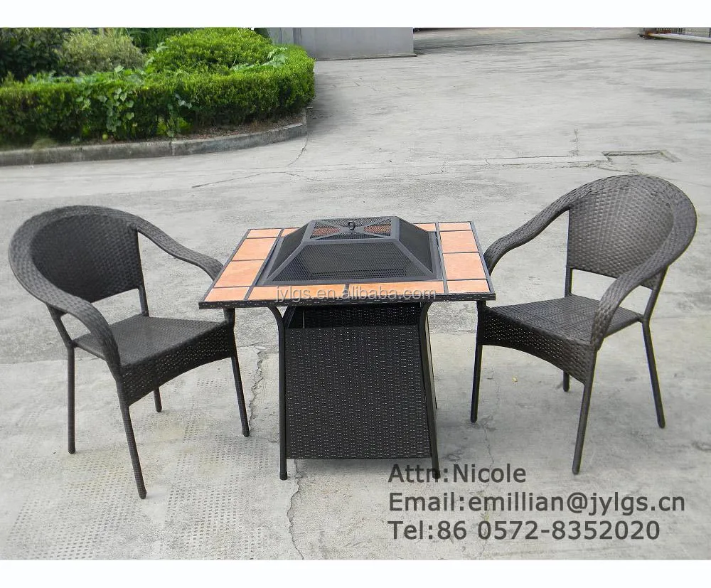 Outdoor living Garden Patio table and chair set with fire pit and 2 pe rattan stacking chair
