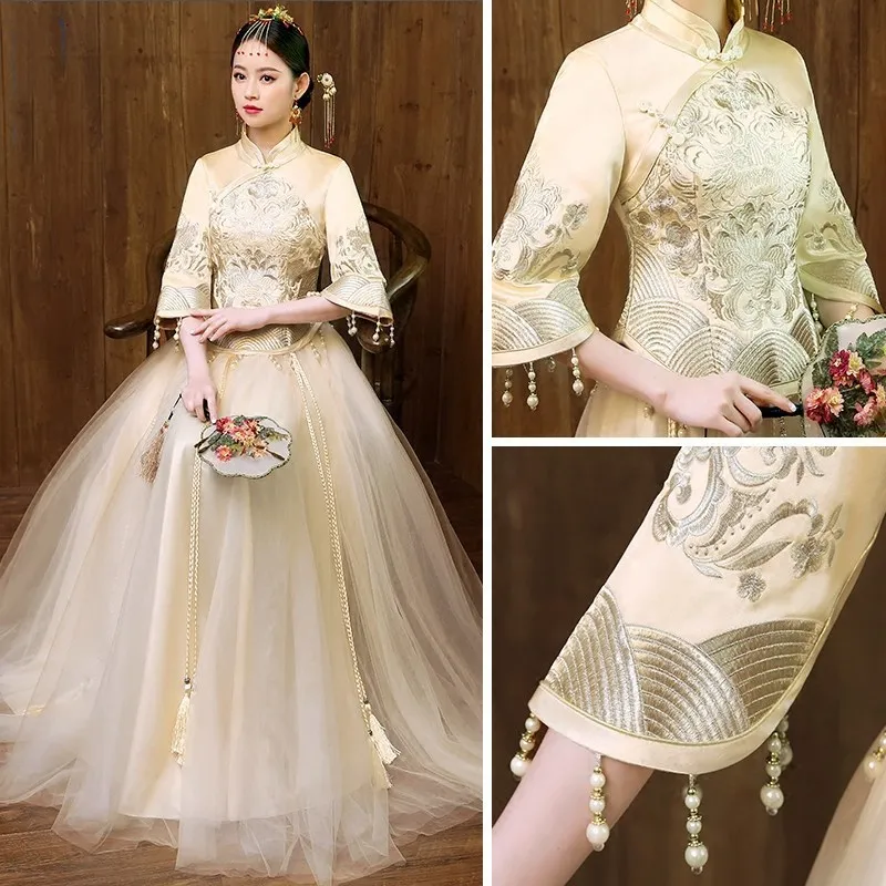High quality gold Chinese custom made traditional embroidered outfits lace wedding dress