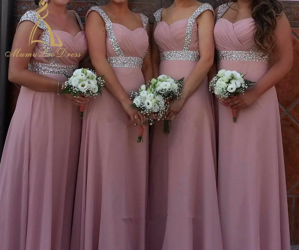Floor Length A Line Chiffon Beaded Waist Sweetheart Shoulder Straps Dusty Pink Long Bridesmaid Dresses